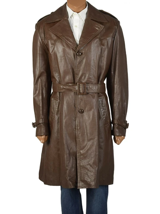 Mens Trendy Real Sheepskin Brown Long Leather Trench Coat