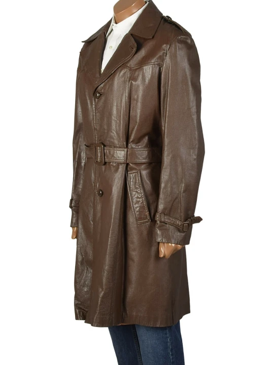 Mens Trendy Real Sheepskin Brown Long Leather Trench Coat