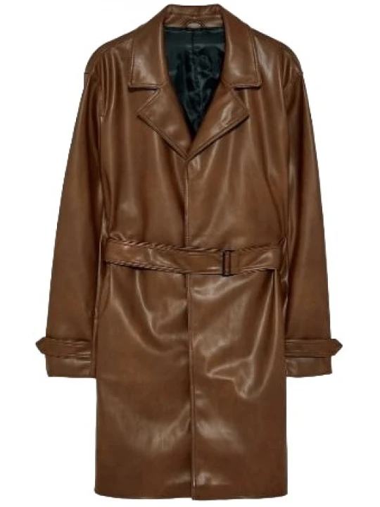 Mens Unique Design Genuine Sheepskin Brown Leather Long Trench Coat