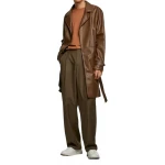 Mens Unique Design Genuine Sheepskin Brown Leather Long Trench Coat
