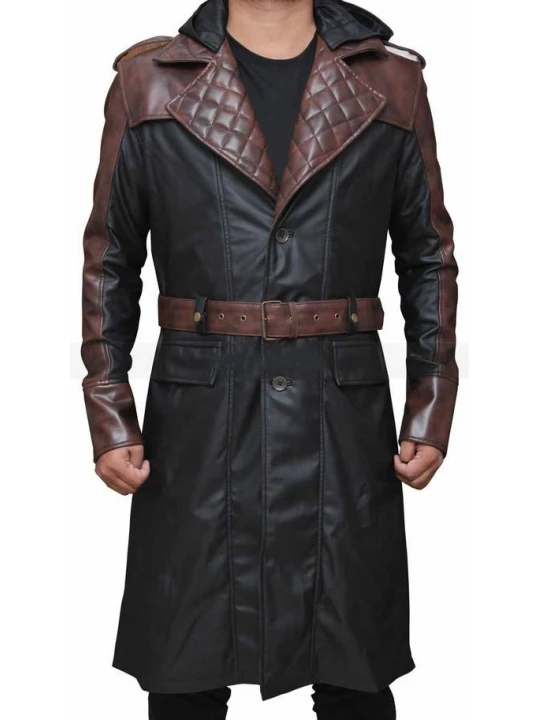 Mens Unique Style Hooded Real Sheepskin Black Long Leather Trench Coat