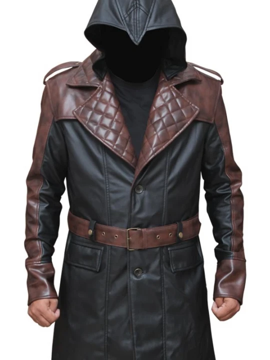 Mens Unique Style Hooded Real Sheepskin Black Long Leather Trench Coat