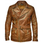 Mens Vintage Biker Style Real Sheepskin Distressed Brown Leather Coat