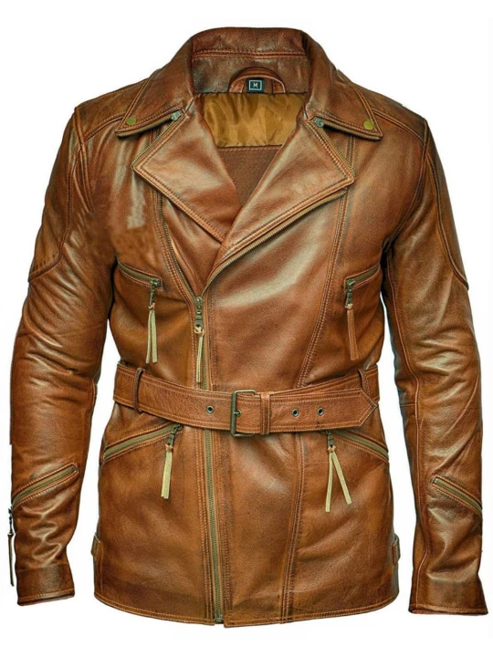 Mens Vintage Biker Style Real Sheepskin Distressed Brown Leather Coat