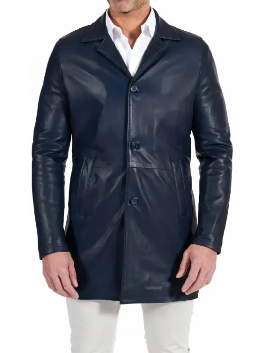 Navy Blue Mid Length Leather Coat