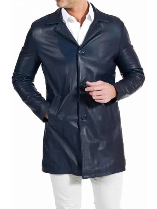 Navy Blue Mid Length Leather Coat