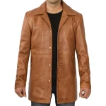 Pointed Collar Tan Leather Overcoat