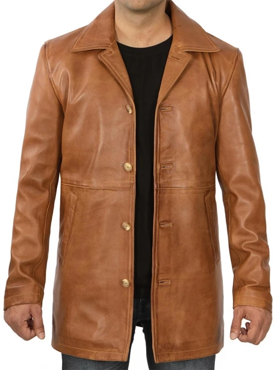 Pointed Collar Tan Leather Overcoat