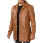 Pointed Collar Tan Leather Overcoat