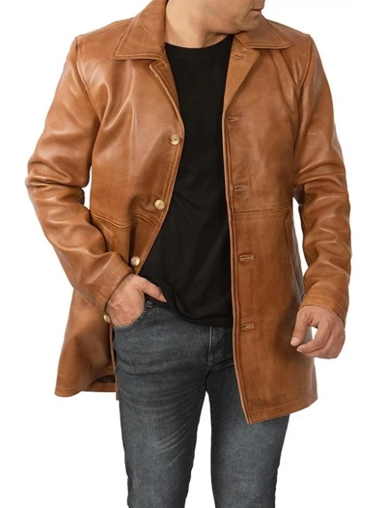 Pointed Collar Tan Leather Overcoat