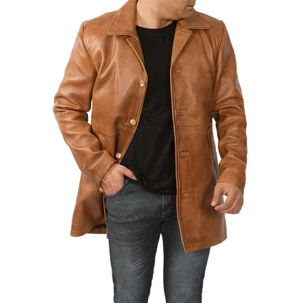 Pointed Collar Tan Leather Overcoat