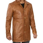 Pointed Collar Tan Leather Overcoat
