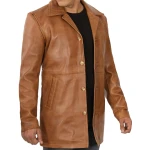 Pointed Collar Tan Leather Overcoat