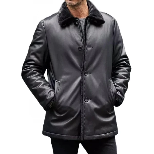 Shearling Fur Leather Trench Coat In Black