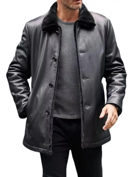 Shearling Fur Leather Trench Coat In Black