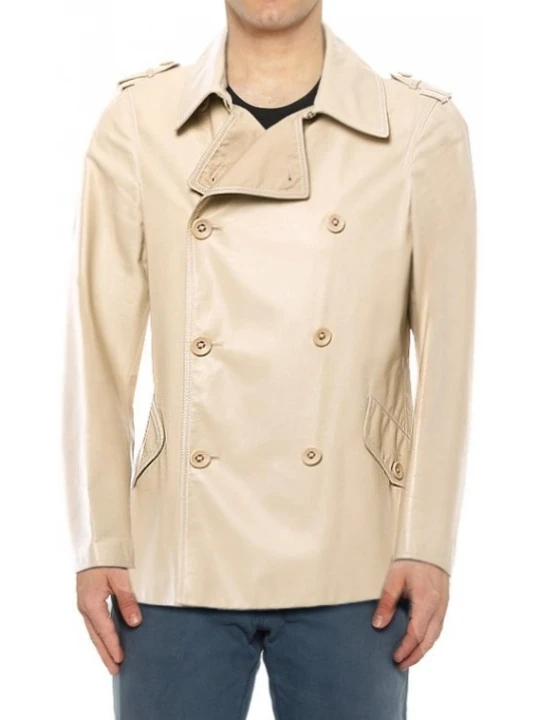 Shoulder Epaulettes Beige Leather Coat