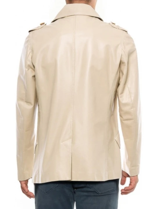 Shoulder Epaulettes Beige Leather Coat