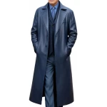 Single Breasted Navy Blue Leather Long Overcoat