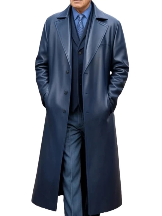 Single Breasted Navy Blue Leather Long Overcoat