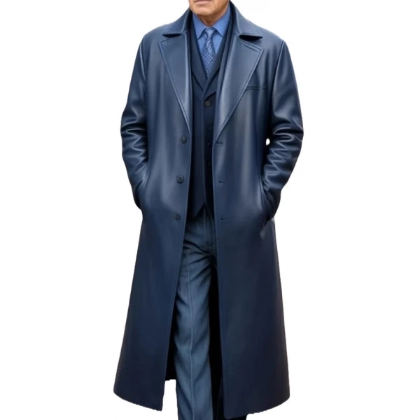 Single Breasted Navy Blue Leather Long Overcoat
