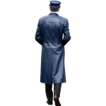 Single Breasted Navy Blue Leather Long Overcoat