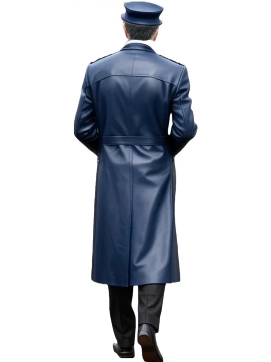 Single Breasted Navy Blue Leather Long Overcoat