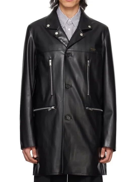 Zip Pockets Black Leather Longcoat