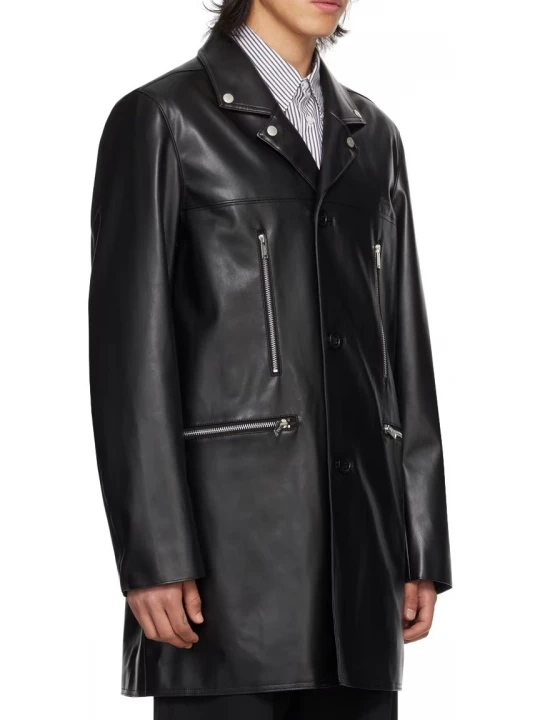 Zip Pockets Black Leather Longcoat