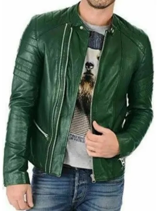 Asymmetric Zipper Green Leather Jacket