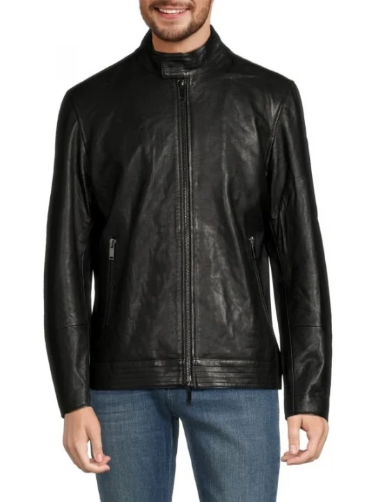 Band Collar Black Leather Jacket