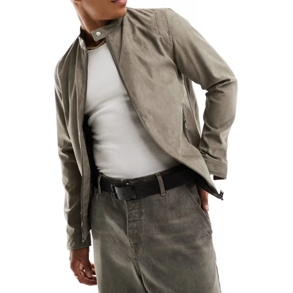 Band Collar Grey Suede Leather Jacket