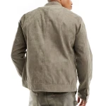 Band Collar Grey Suede Leather Jacket