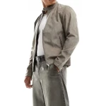 Band Collar Grey Suede Leather Jacket