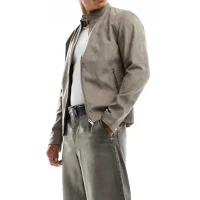 Band Collar Grey Suede Leather Jacket