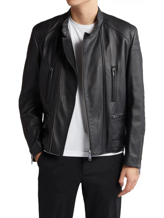 Band Collar Leather Black Jacket