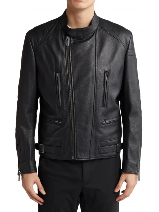 Band Collar Leather Black Jacket
