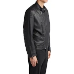 Band Collar Leather Black Jacket