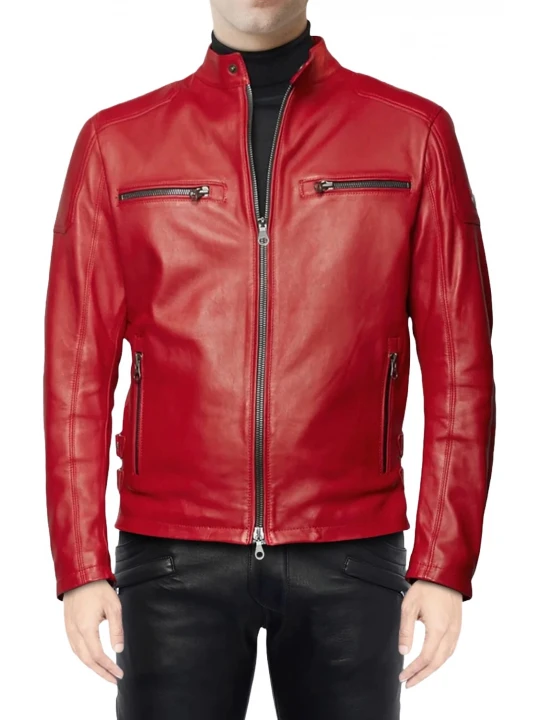 Band Collar Red Leather Jacket