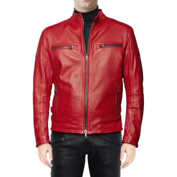 Band Collar Red Leather Jacket