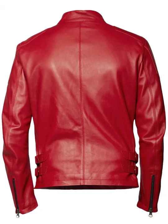 Band Collar Red Leather Jacket