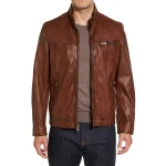 Band Collar With Snap Tab Brown Leather Jacket
