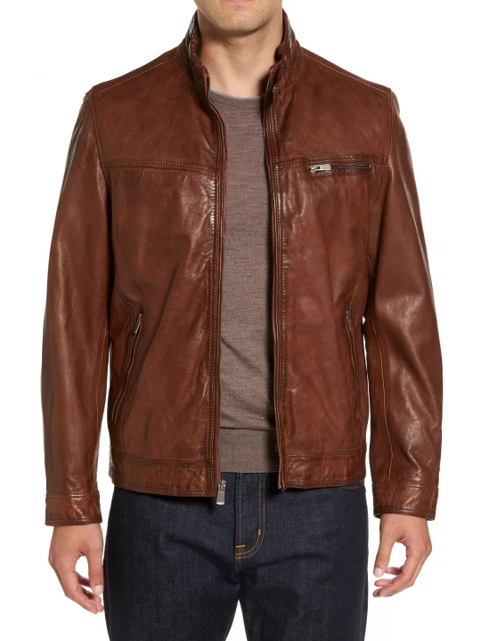 Band Collar With Snap Tab Brown Leather Jacket