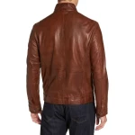 Band Collar With Snap Tab Brown Leather Jacket