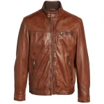 Band Collar With Snap Tab Brown Leather Jacket