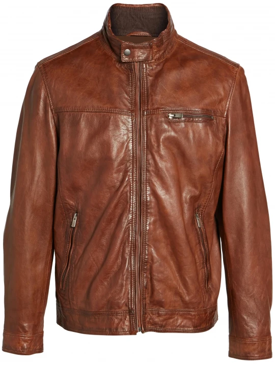 Band Collar With Snap Tab Brown Leather Jacket