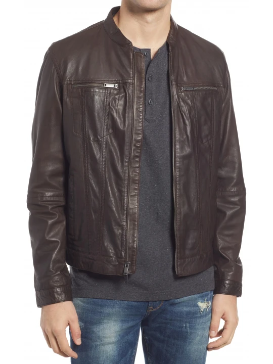 Button Tab Hem Brown Leather Jacket