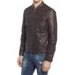 Button Tab Hem Brown Leather Jacket