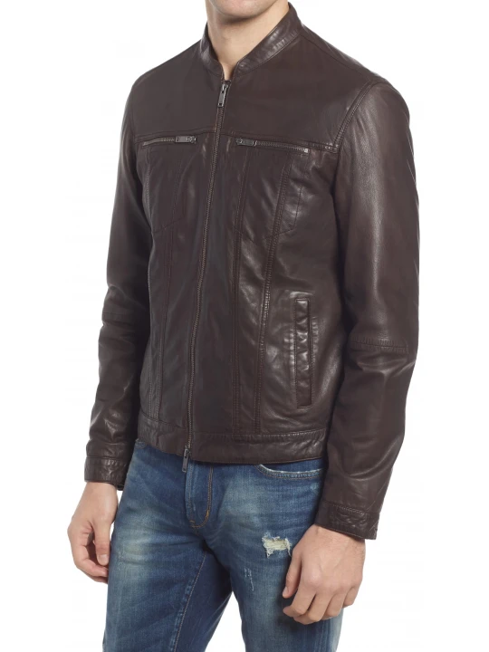Button Tab Hem Brown Leather Jacket