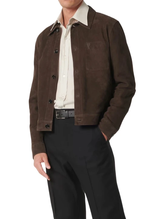 Buttoned Front Brown Suede Leather Jacket