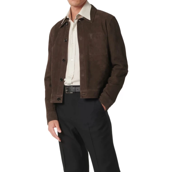 Buttoned Front Brown Suede Leather Jacket